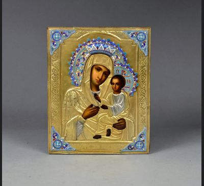 Ikona "Matka Boża z Dzieciątkiem, srebro / emalia Moskwa