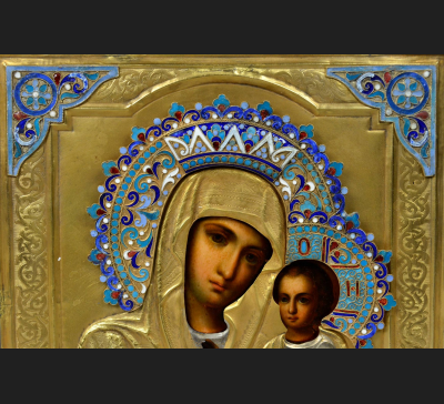 Ikona "Matka Boża z Dzieciątkiem, srebro / emalia Moskwa