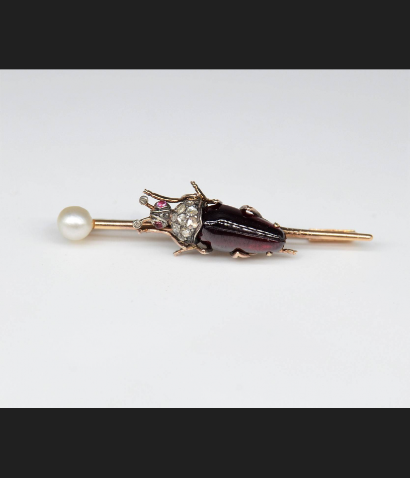 "Skarabeusz", broszka złoto 750/ diamenty / granat ok. 1900 r.