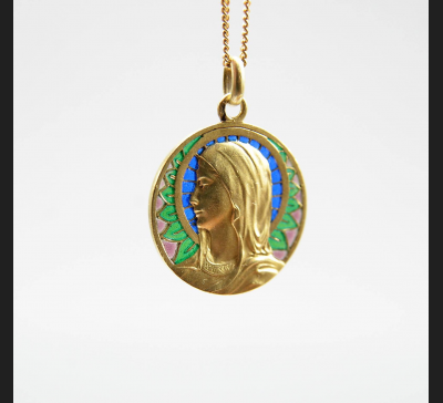 Medalion / Madonna, złoto 750 / emalia witrażowa, pocz. XX w.