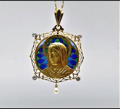 Medalion / Madonna, złoto 750 / emalia witrażowa, brylanty