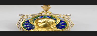 Medalion / Madonna, złoto 750 / emalia witrażowa, brylanty