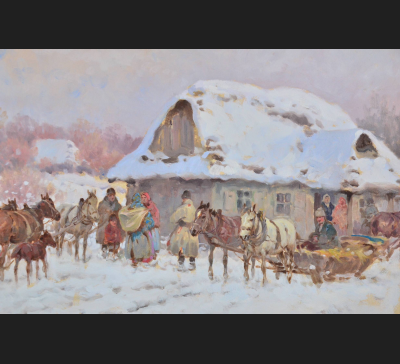 Setkowicz Adam (1876-1945) "Przed Karczmą" obraz olejny